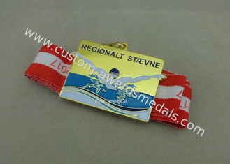 Customized Swimming Sports Medals , Gold Plating Ribbon Medals By Brass Die Struck