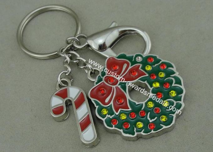 Square Christmas Key Rings Rhinestone Christmas Promotional Key Ring Soft Enamel Zinc Alloy Silver