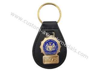 New York Police Custom Personalized Leather Keychain with Brass Soft Enamel Emblem, Gold Plated