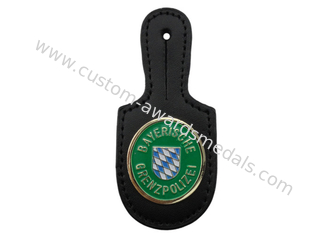 Gremzpolizei Customized Brass Leather Pocket Badge with Soft Enamel Emblem, Gold Plated