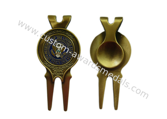 Zinc Alloy Personalized Air Force One Golf Divot Tool And Ball Markers, With Antique Gold Plating, Metal Clip