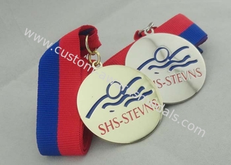 Nickel Plated Ribbon Medals Square With Offset Printing Sticker