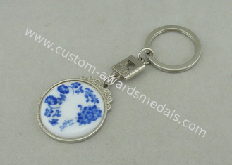 Chrome Plating Promotional Key Chain Blue  /  White Porcelain Inserted Piece