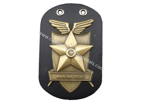 Promotional Gift Maintain Right Leather  Badge, Personalized Keychains with Antique Gold Plating and Ball Chain