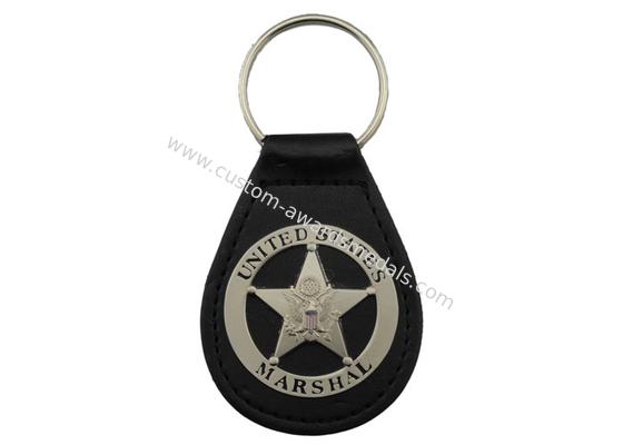 Metal US Marshal Leather Key Chain, Personalized Leather Keychains with Misty Nickel Plating