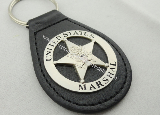 Metal US Marshal Leather Key Chain, Personalized Leather Keychains with Misty Nickel Plating