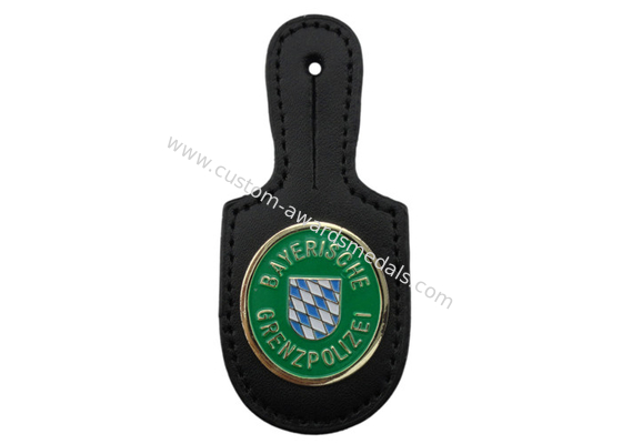 Gremzpolizei Customized Brass Leather Pocket Badge with Soft Enamel Emblem, Gold Plated