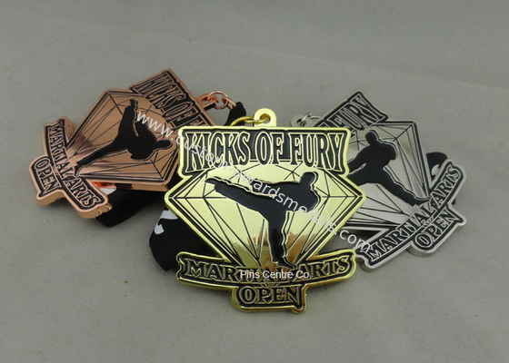 Customized Martial Arts Ribbon Medals , Die Casting Enamel Medal With Sublimated Lanyard