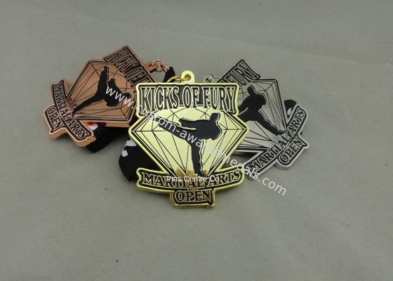 Customized Martial Arts Ribbon Medals , Die Casting Enamel Medal With Sublimated Lanyard