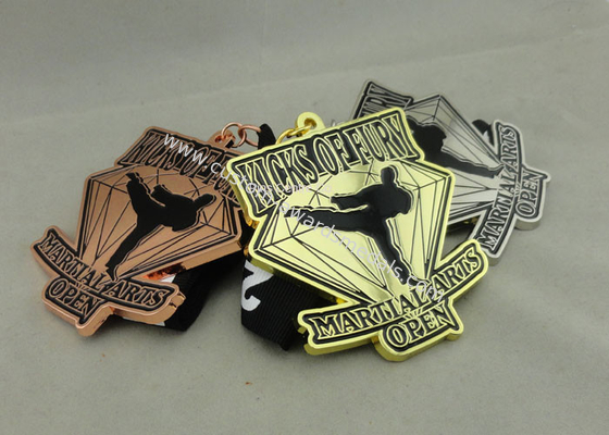 Customized Martial Arts Ribbon Medals , Die Casting Enamel Medal With Sublimated Lanyard