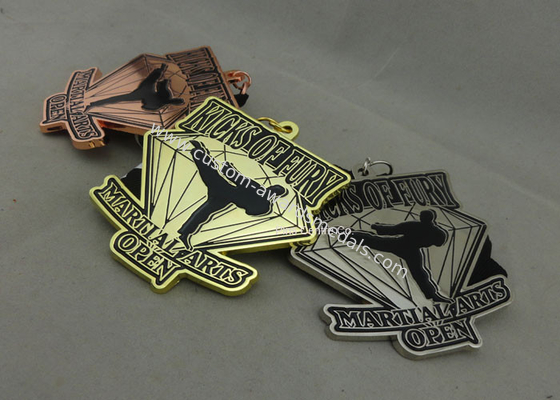 Customized Martial Arts Ribbon Medals , Die Casting Enamel Medal With Sublimated Lanyard