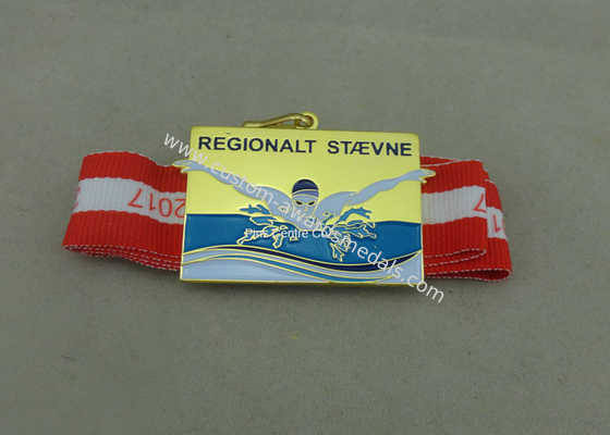 Customized Swimming Sports Medals , Gold Plating Ribbon Medals By Brass Die Struck