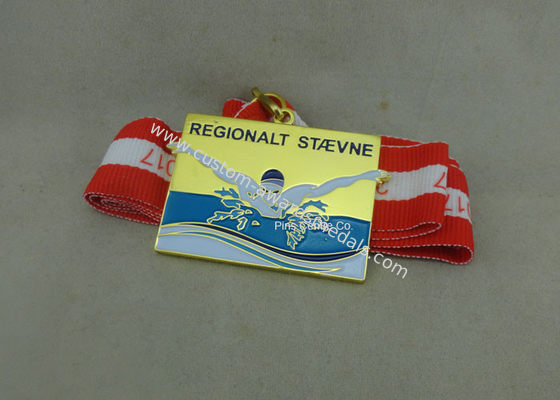 Customized Swimming Sports Medals , Gold Plating Ribbon Medals By Brass Die Struck