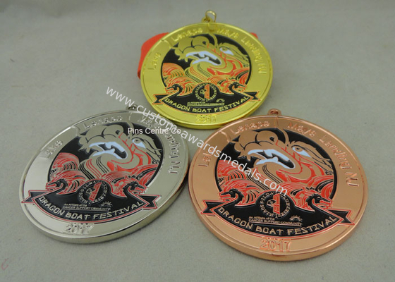 Zinc Alloy Customized Ribbon Medals , 3D Sports Running Medals With Gold Plating