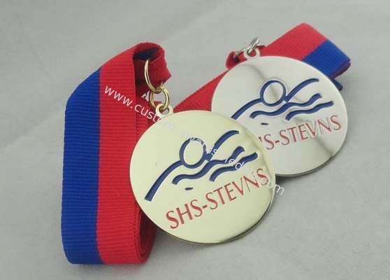 Nickel Plated Ribbon Medals Square With Offset Printing Sticker