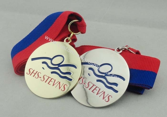 Nickel Plated Ribbon Medals Square With Offset Printing Sticker