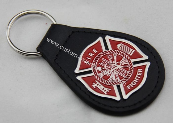 Zinc Alloy Personalized Leather Keychains / Fire Fighter Leather Key Chain