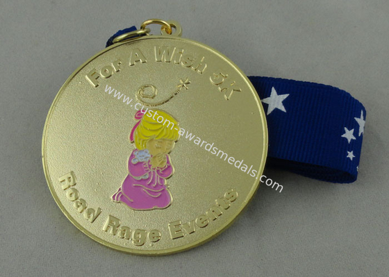 Gold Plating Road Rage Events Enamel Medal With Ribbon For Sport Meeting