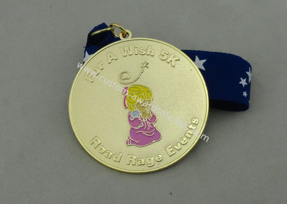 Gold Plating Road Rage Events Enamel Medal With Ribbon For Sport Meeting