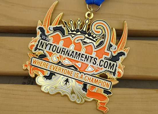 3 Inch Enamel Medal , Karate Awards Gold Medals With Full Printing Neck Ribbon