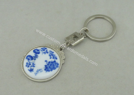 Chrome Plating Promotional Key Chain Blue  /  White Porcelain Inserted Piece