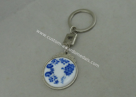 Chrome Plating Promotional Key Chain Blue  /  White Porcelain Inserted Piece