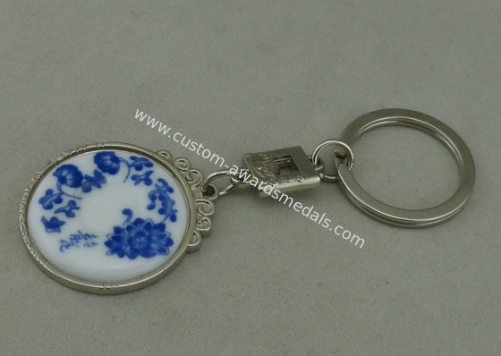 Chrome Plating Promotional Key Chain Blue  /  White Porcelain Inserted Piece