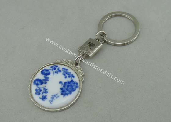 Chrome Plating Promotional Key Chain Blue  /  White Porcelain Inserted Piece