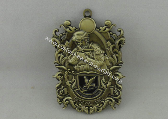 3.5 Inch 3D Die Cast Medals Zinc Alloy And Antique Brass Plating For OKINAWA