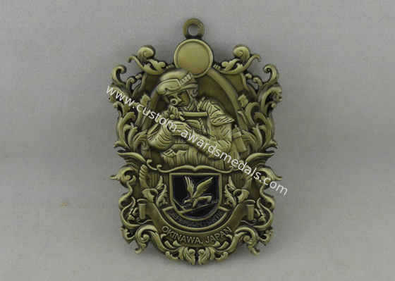 3.5 Inch 3D Die Cast Medals Zinc Alloy And Antique Brass Plating For OKINAWA